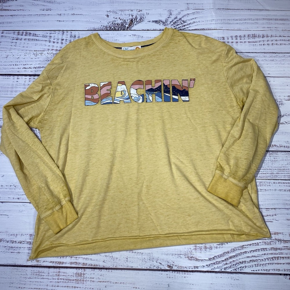 C & C California Women's Beachon' Graphic Yellow LS Casual T-Shirt‎  Medium